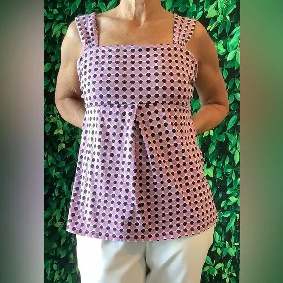 💗 Ann Taylor Pink, Black & White Dotted Tank – Wide Pleated Straps, Size Medium - Picture 3 of 4